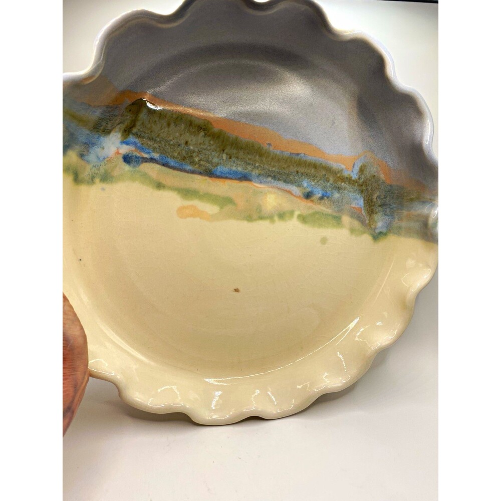 Vintage Mike Wilder Studio Art Pottery 1992 Fluted Pie Plate Signed Landscape